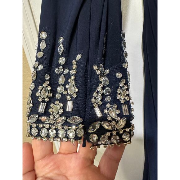 Mac Duggal Beaded Cuff Drop Shoulder Faux Wrap Long Navy Gown Size 14 NWT #12231 - Picture 11 of 15